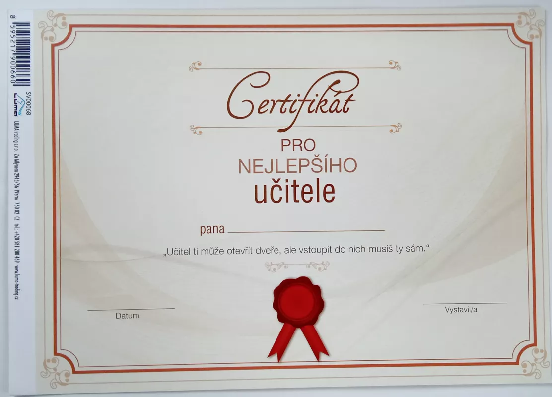 Certifikát pro nejlepšího učitele - pevný papír