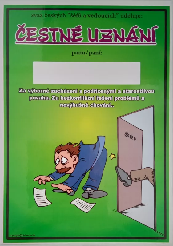 Čestné uznání - Svaz šéfů a vedoucích - v plastu