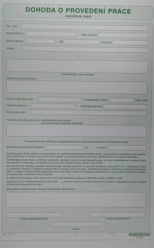 Dohoda o provedení práce - tiskopis SEVT