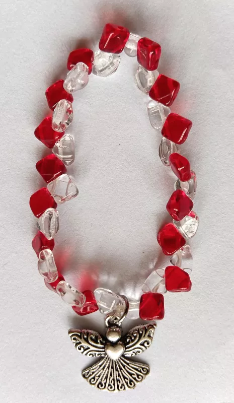 Náramek korálkový - červenobílý s andílkem