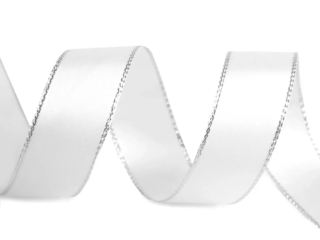 Atlasová stuha s lurexovým okrajem - bílá/stříbrná