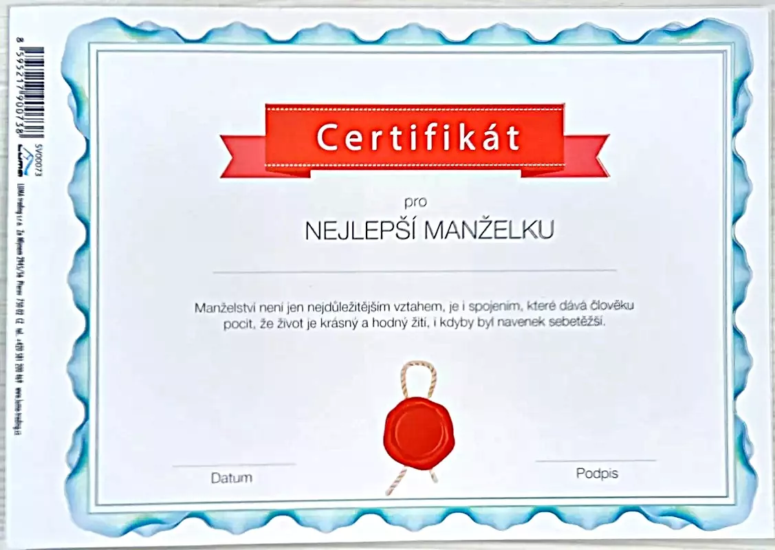 Certifikát manželka - pevný papír