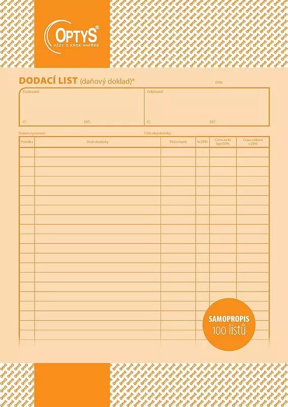 Dodací list A4 propisující OPTYS s.r.o.