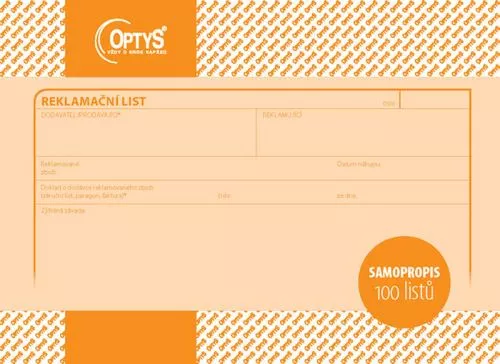 Reklamační list A5 OPTYS s.r.o.