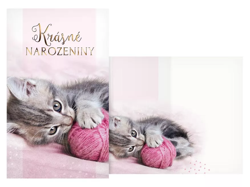 Přání srdečné pro ženy - Kočička s klubíčkem