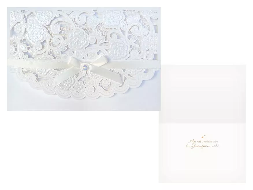 Přání svatební - Krajkový motiv v kombinaci s mašličkou a perličkou.